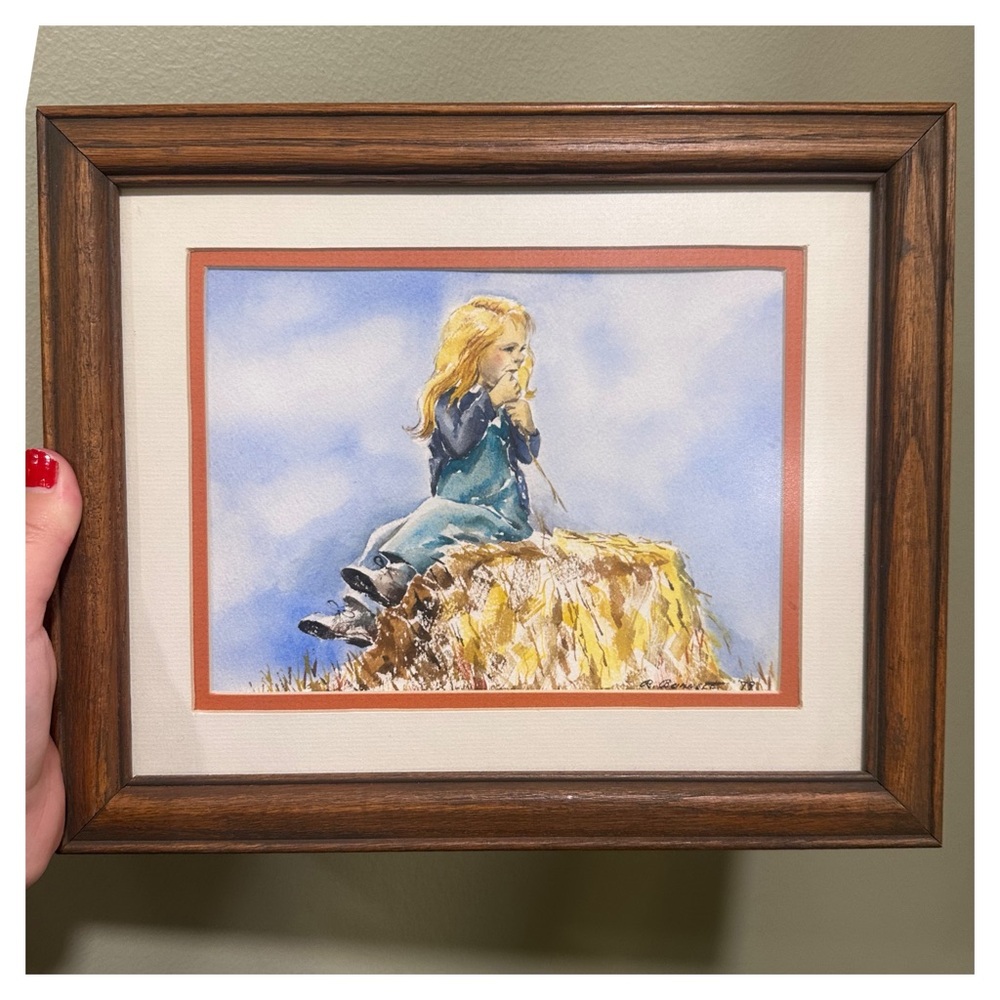 1979 Original Watercolor - Girl on a Haystack